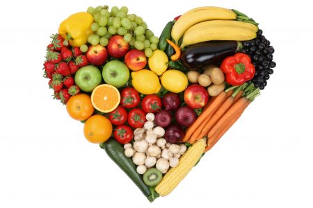 Fruit and vegetables arranged in a heart shape
